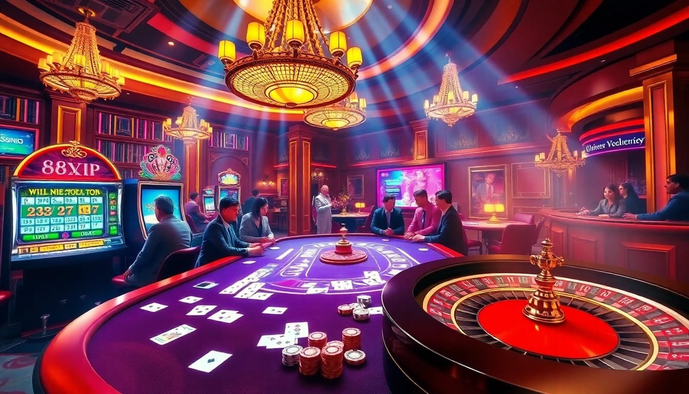 Players celebrating a win at 68VIP's luxurious casino table with poker chips and cards.