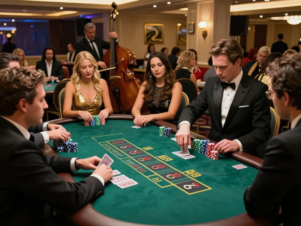 Engaged players strategizing at blackjack table in luxury casino setting with Q88 atmosphere.