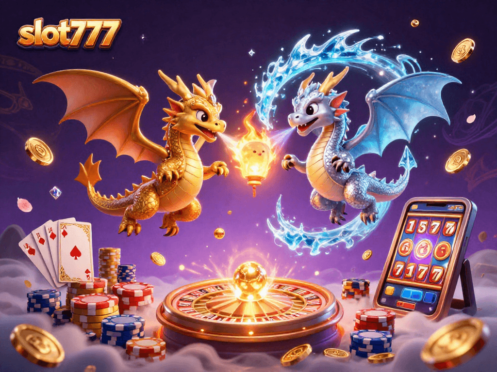 Experience thrilling plays at slot777 with gold and silver dragons amidst cascading coins and vibrant lights.
