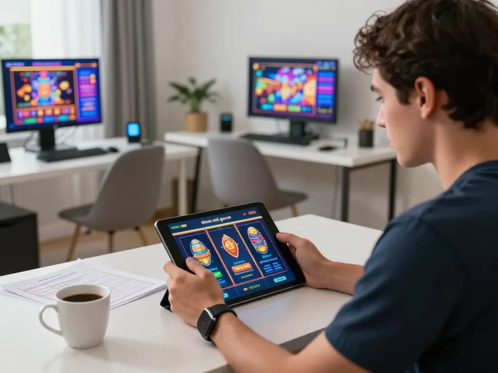 Engaging with situs slot gacor on a tablet in a modern home office, showcasing a focused online gaming experience.