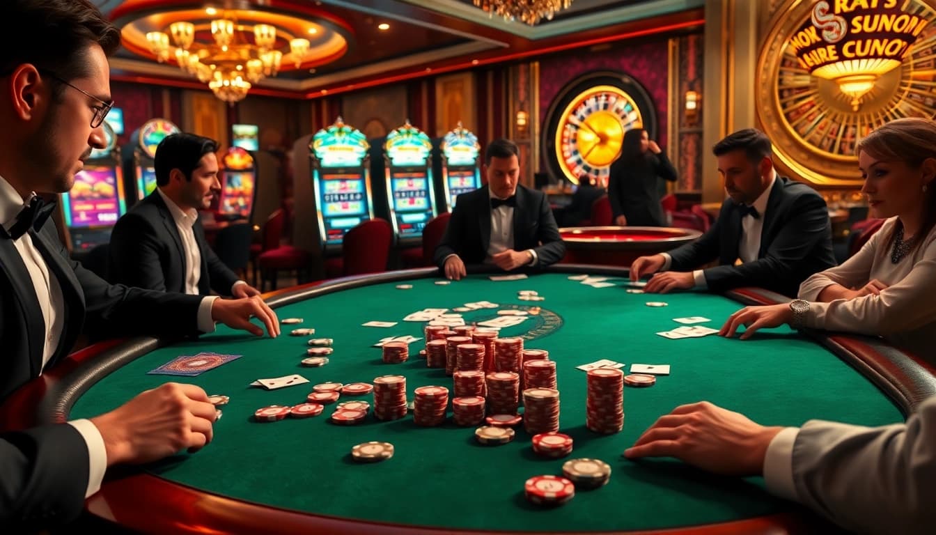Raja luck players enjoying intense poker action at a luxurious casino table with vibrant atmosphere.