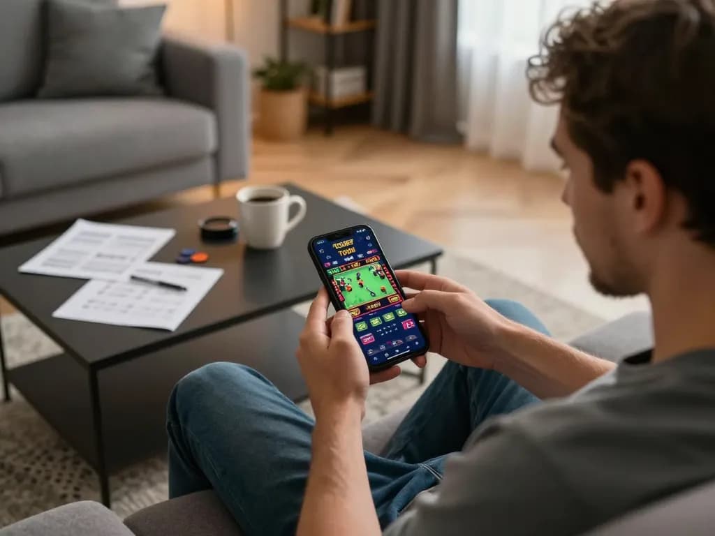 Player engaged in tg88 đăng nhập on mobile app at home, showcasing online gambling with strategic notes.
