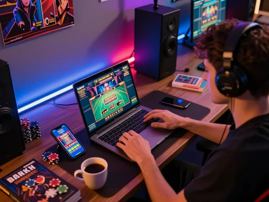 Engaging online gaming scene with a player at their setup enjoying f8beta2 slots and live dealer games