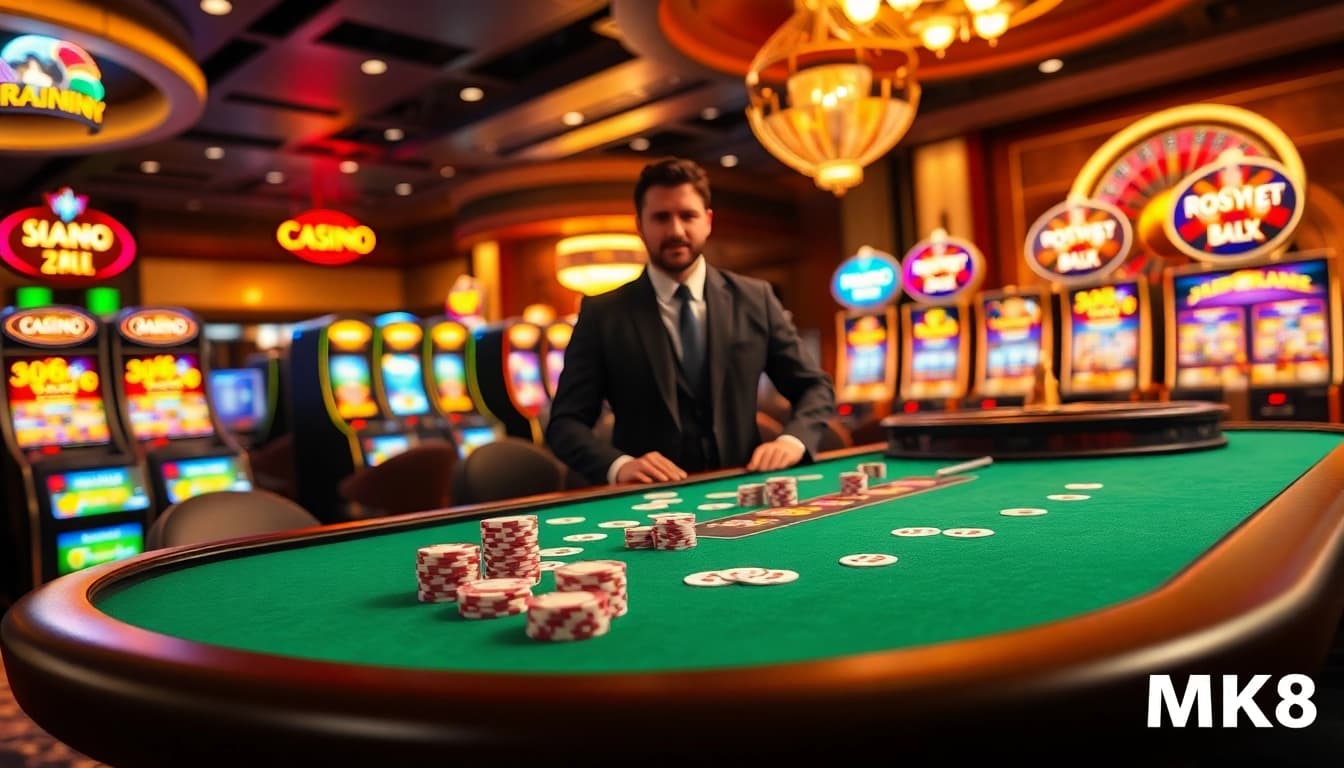 Play and win at สมัคร MK8, featuring exciting poker tables and vibrant casino elements.
