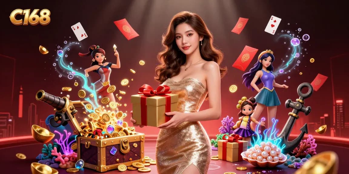 C168 celebrates with a glamorous woman revealing golden coins and festive elements in an exciting casino setting.