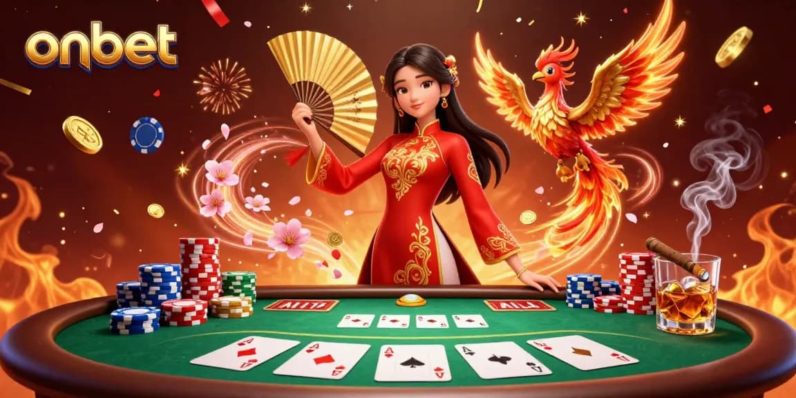 Experience excitement with onbet's stunning casino scene featuring a graceful ao dai woman, poker elements, and a vibrant atmosphere.