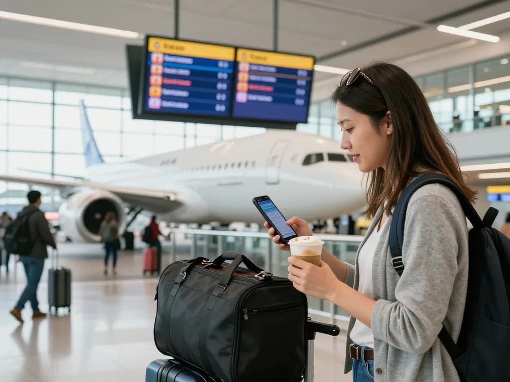 Cardiff Airport from Halifax, traveler checking flight info at vibrant airport terminal.