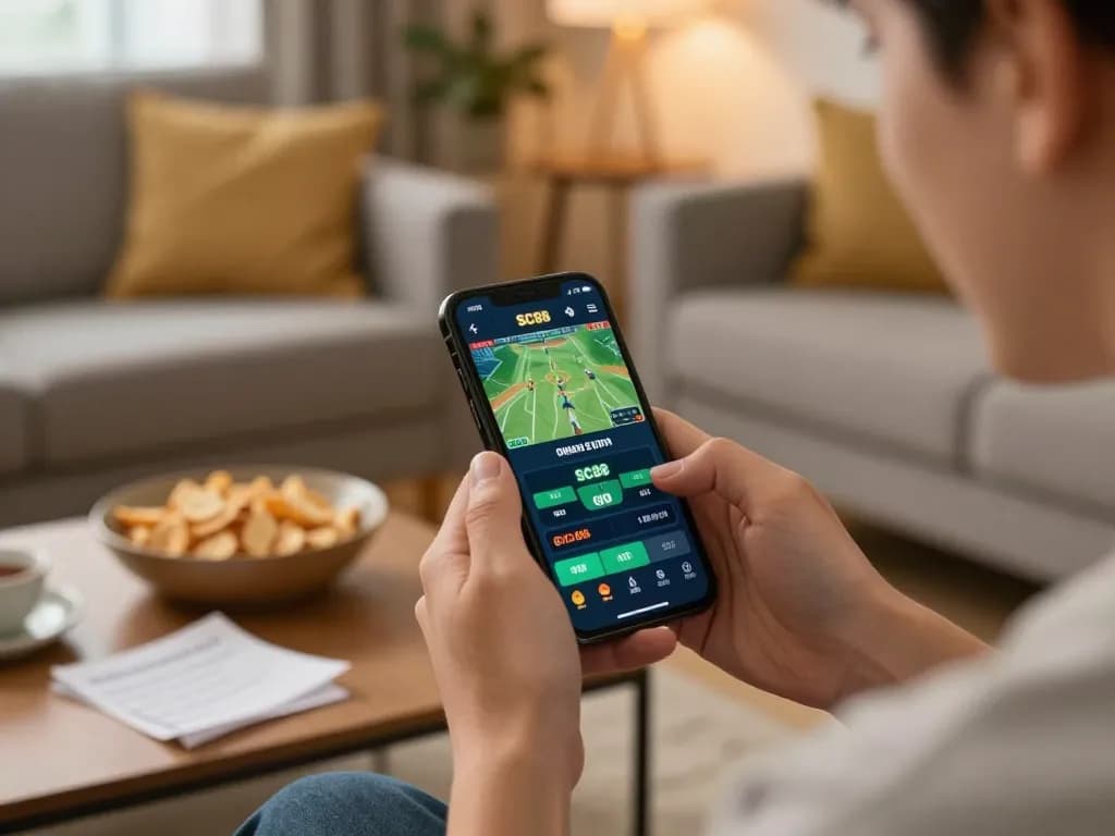 SC88 app user placing bets during live sports event in a cozy home setting.