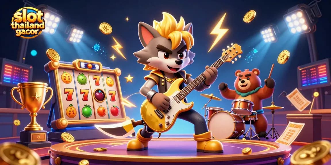 Engage in thrilling gameplay with slot thailand gacor, featuring exciting slot reels and dynamic characters on stage.