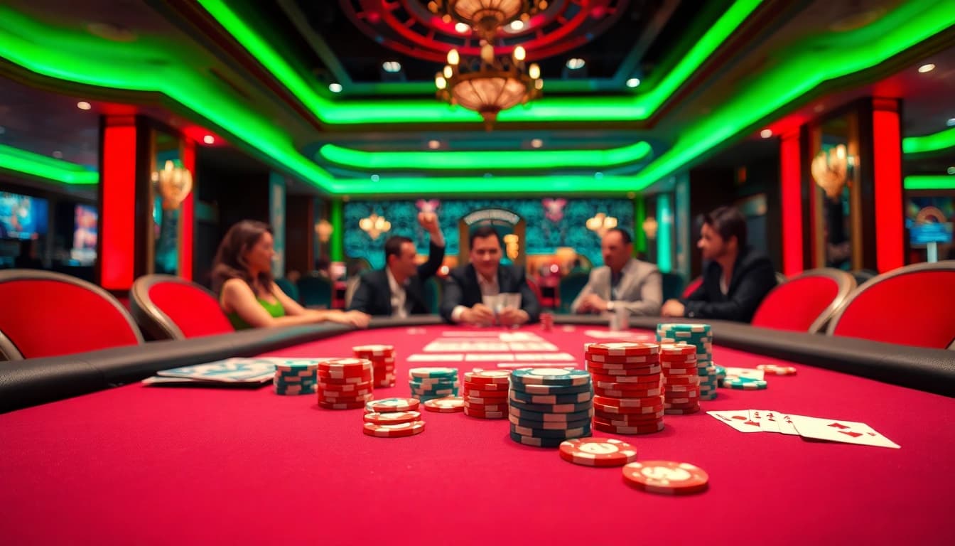 Aktive Spieler am casinospielen Tisch mit bunten Chips und Karten, die Spannung erhöhen.