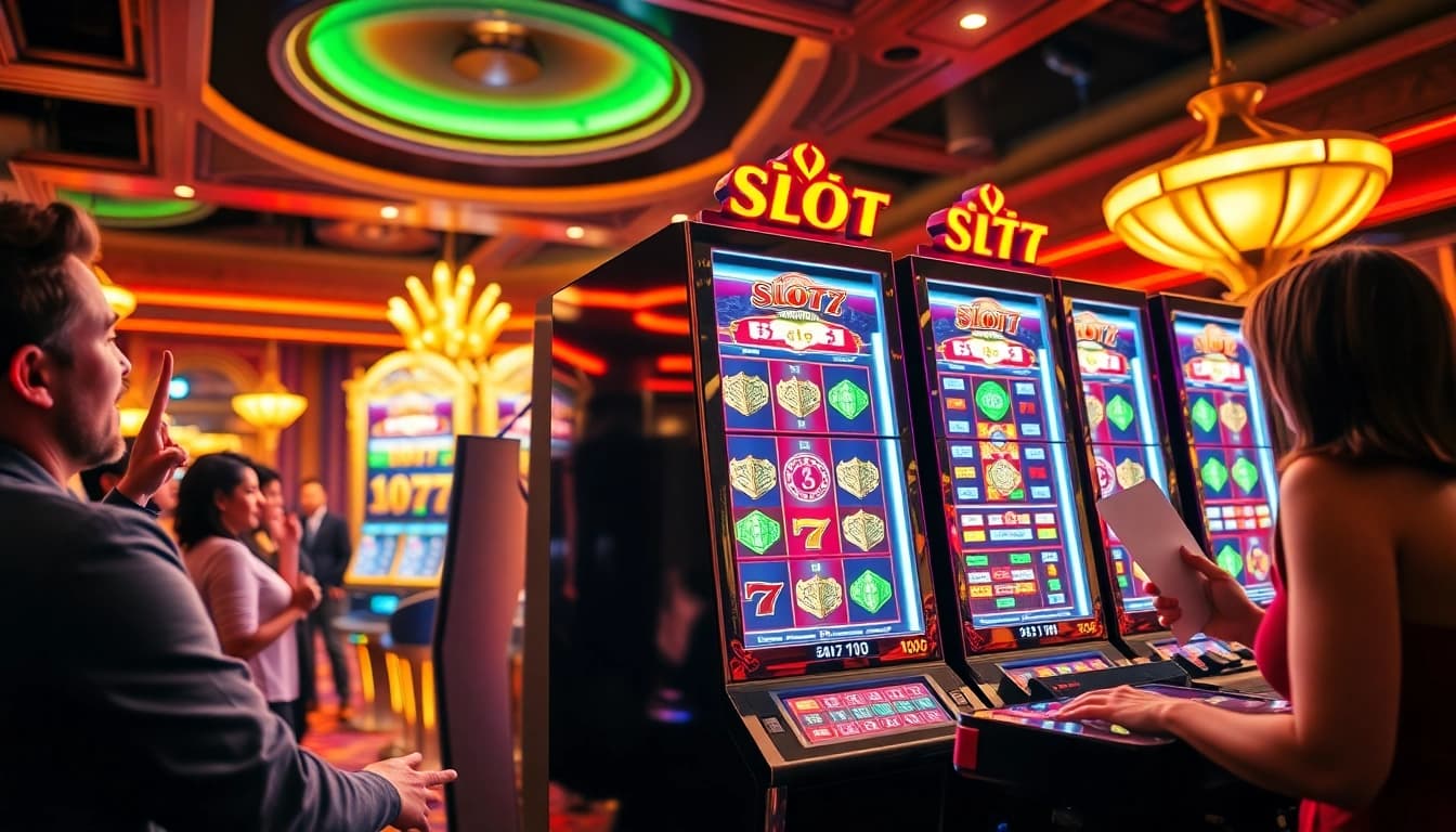 Excited gamblers playing at the slot777 casino with vibrant slot machines and colorful chips.