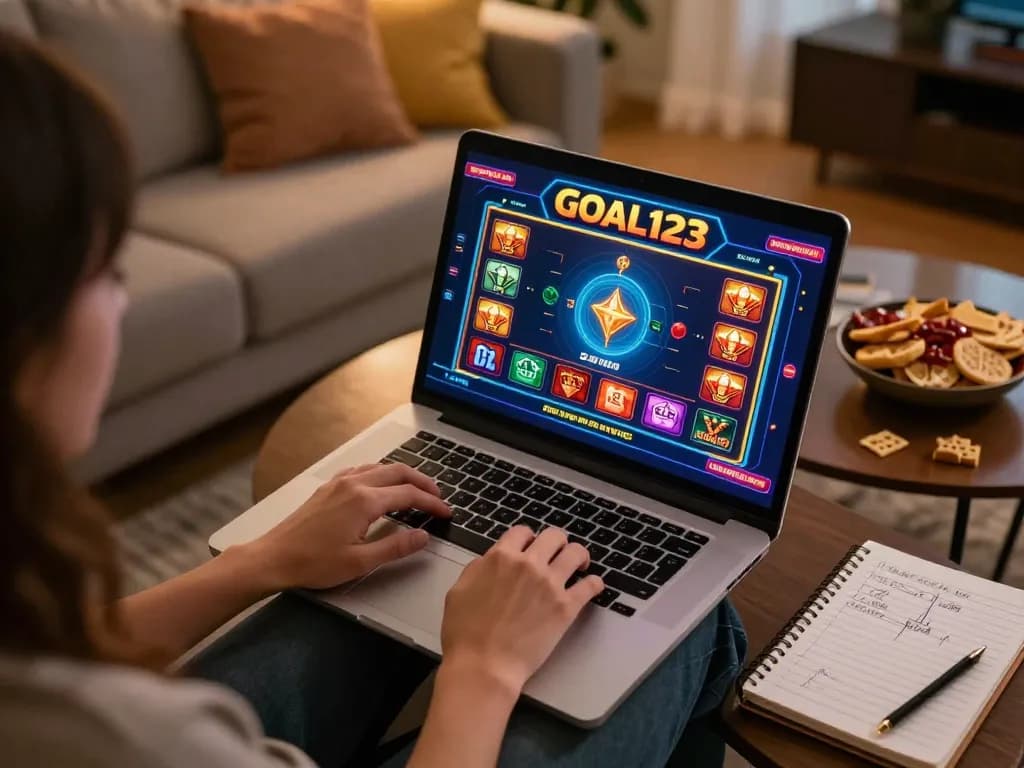 Enjoying immersive gameplay at goal123 casino on a laptop in a cozy home setting with snacks and strategy notes.