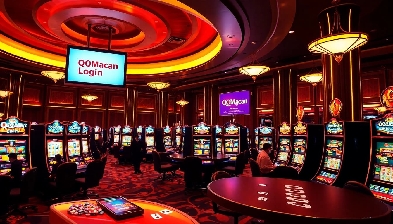 Experience the excitement of qqmacan login in a vibrant casino scene filled with elegant slot machines and atmosphere.