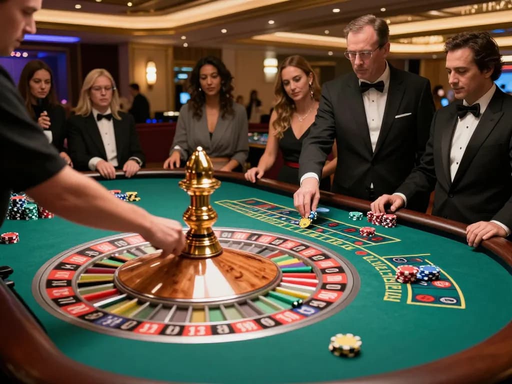 Engaged players at J188 roulette table experience thrilling gameplay in a vibrant casino.
