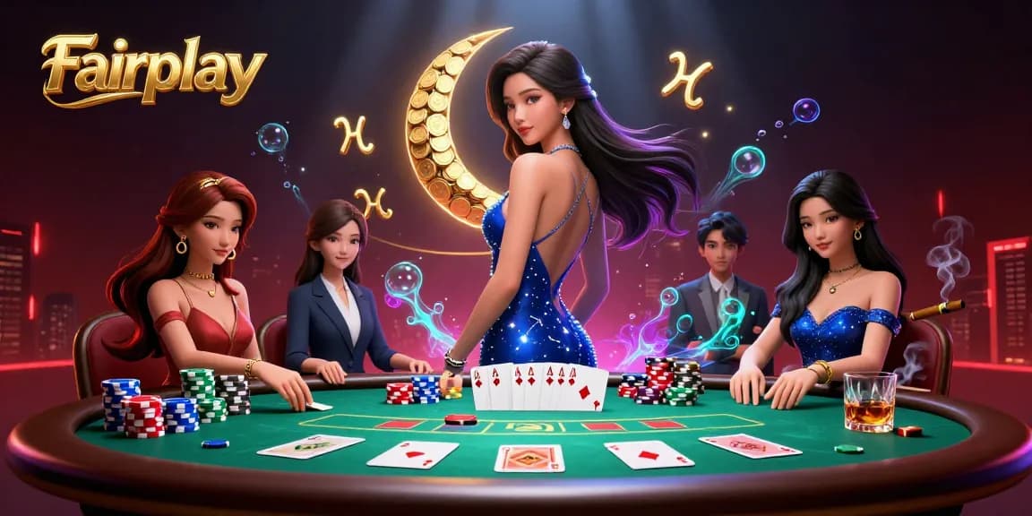 Engage with Fairplay's elite gaming experience featuring a stunning Asian woman at a vibrant poker table.
