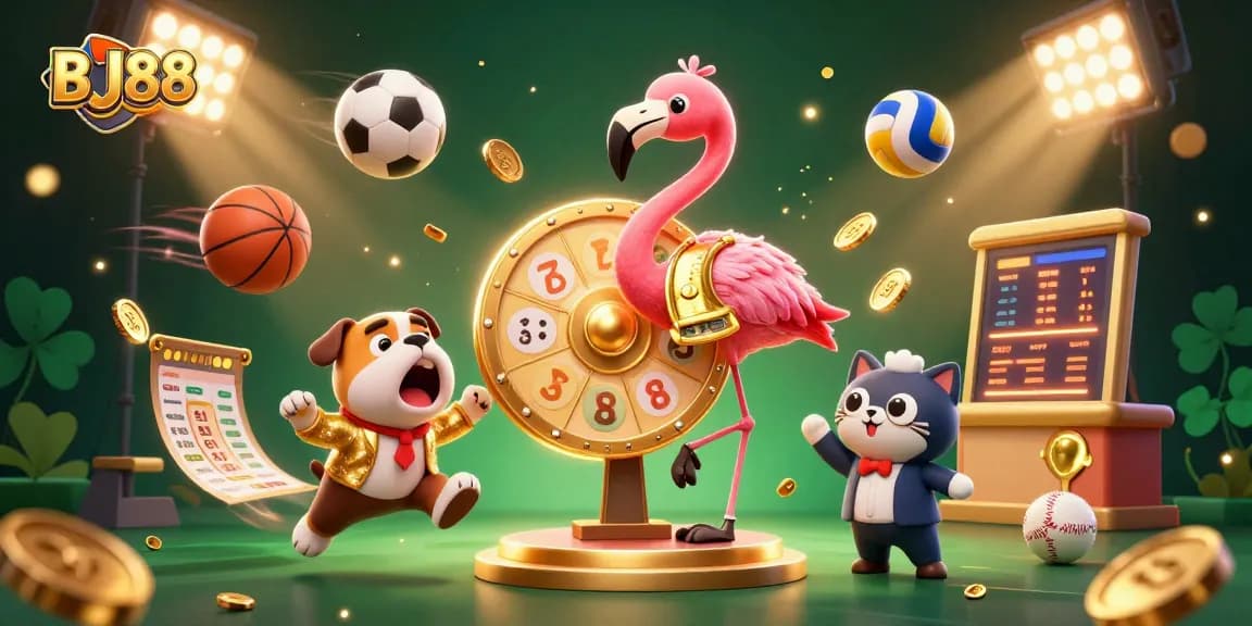 BJ88 showcases a vibrant casino scene with dynamic game elements and a cheering bulldog contestant.