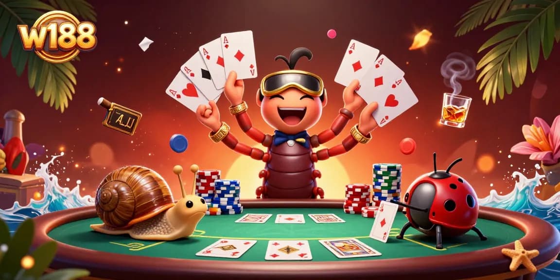 w188 poker scene featuring a millipede dealer, high-roller snail, and pill bug, surrounded by vibrant casino elements