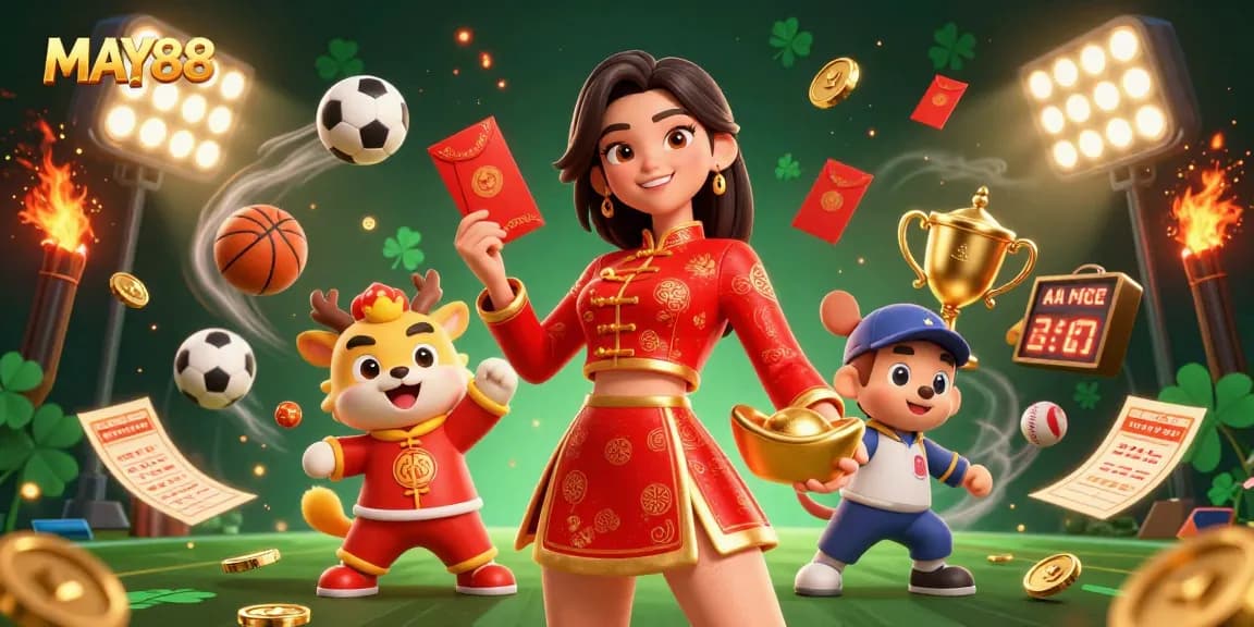 MAY88 players celebrate wins with lively 3D casino elements, enhancing sports betting vibes in an immersive scene.