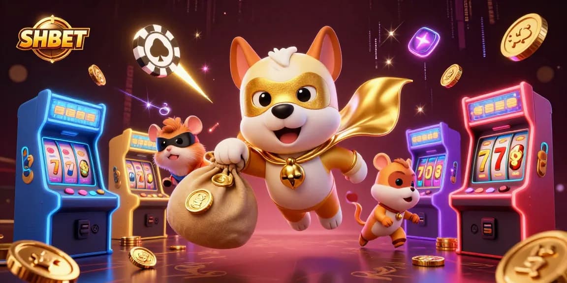 SHBET superhero dog and sidekick hamster navigate a vibrant casino world filled with gold coins and game machines.