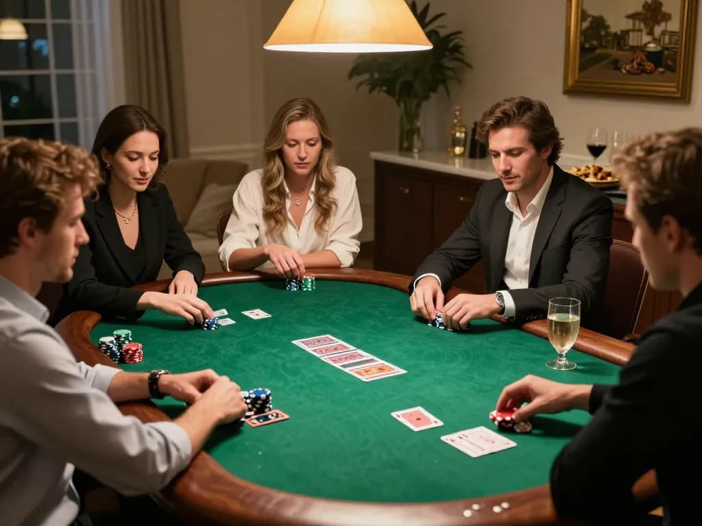 Group enjoying a friendly poker game at home, showcasing taixiusunwin.art atmosphere of excitement and strategic play.