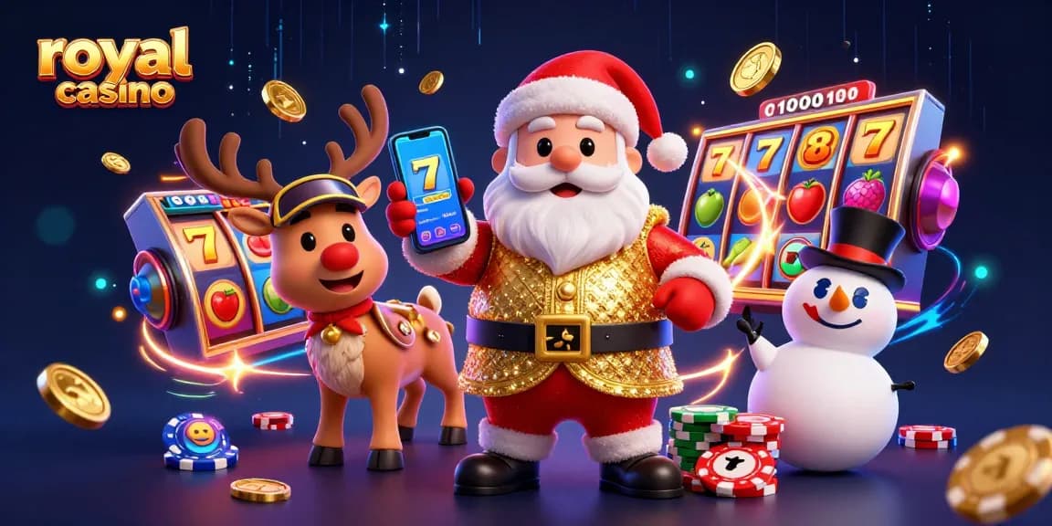 Spin to win at royal casino with Santa, a reindeer dealer, and a poker chip snowman!