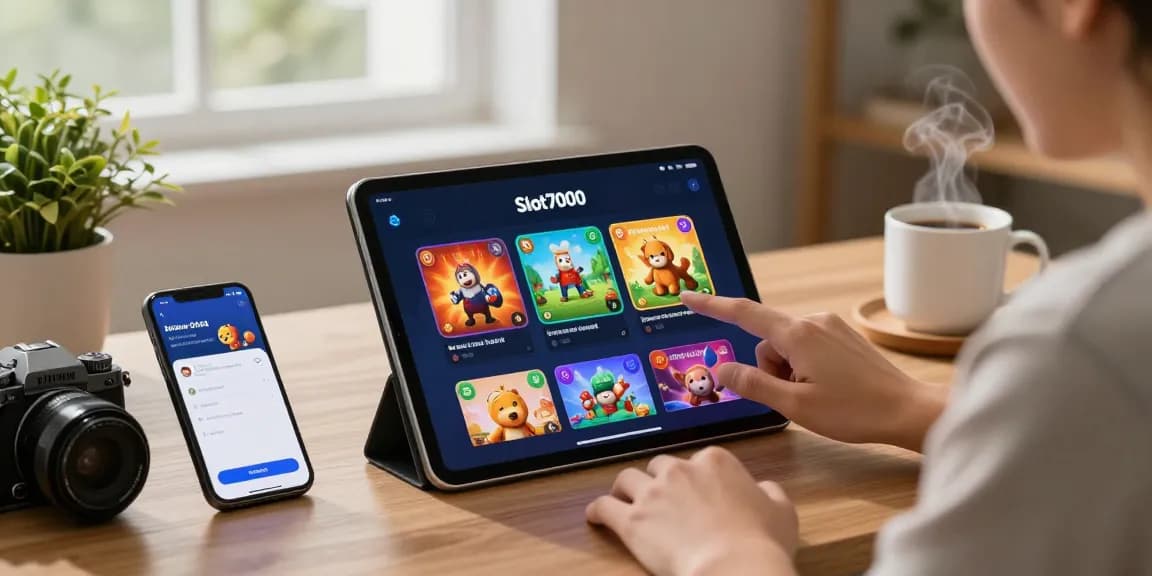 Slot7000 app interface displayed on a tablet, user engaging in a cozy home setup.