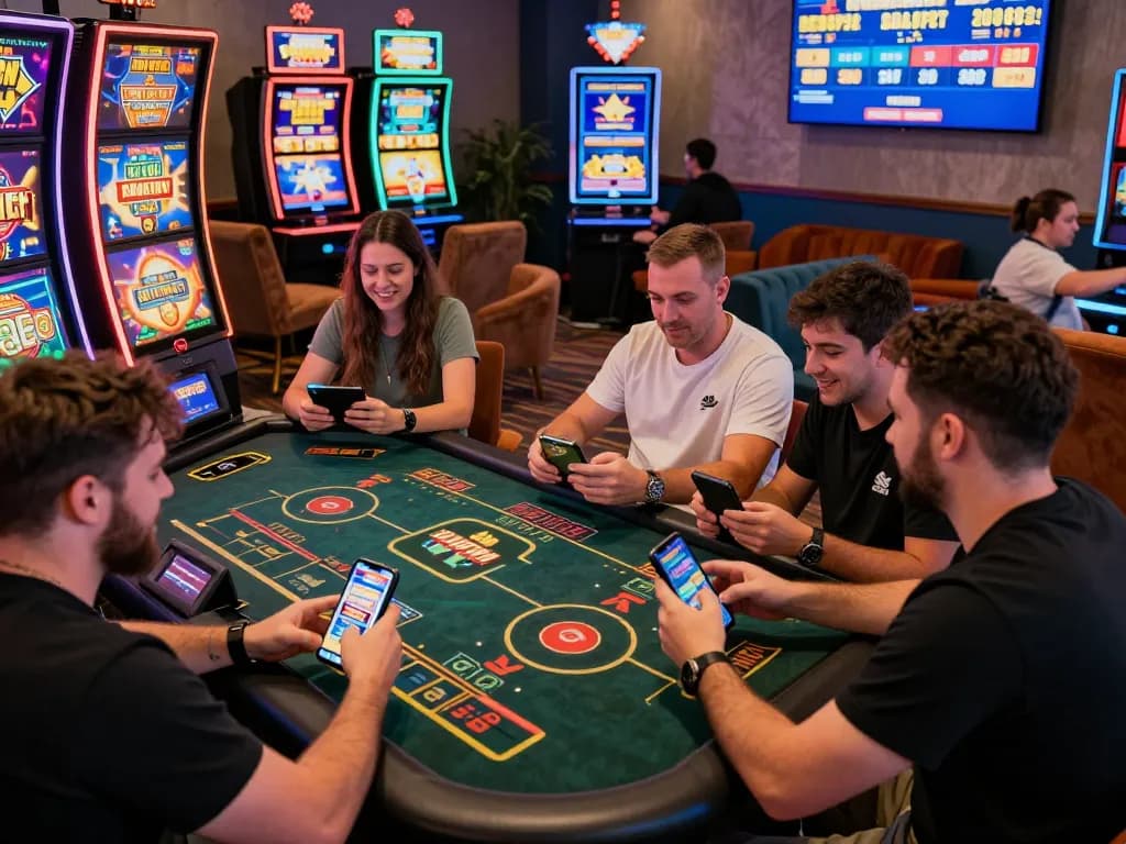 Engaging online gaming at https://god55.agency/ featuring players enjoying lively slot machines and live dealer games in a vibrant environment.