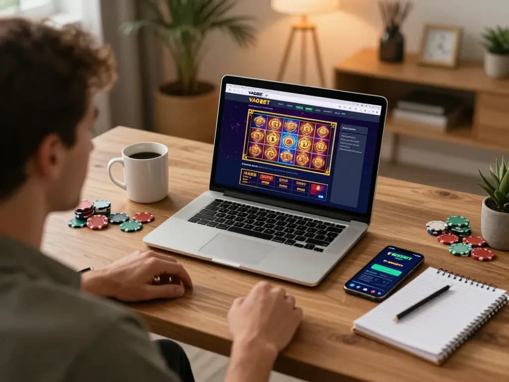 Engage in online casino action with VAOBET, featuring vibrant slot games and a cozy home gaming setup.