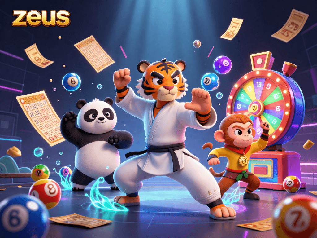 Spin the reels with Zeus in a vibrant gaming scene showcasing fun lottery elements and dynamic gameplay.