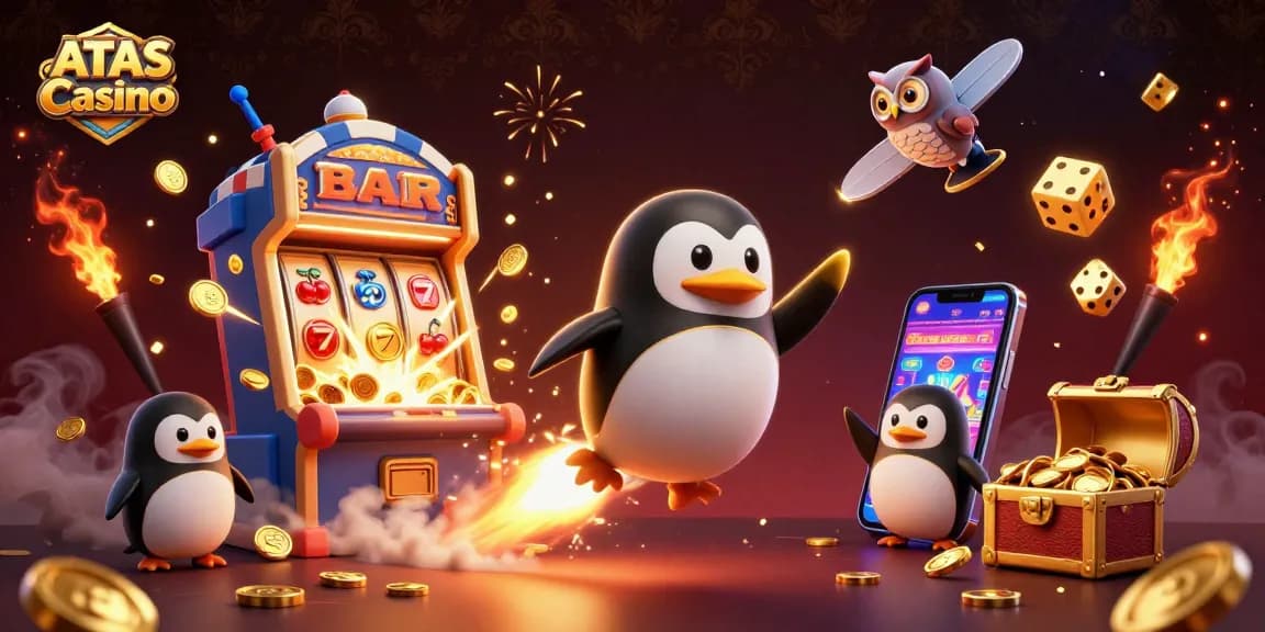 Experience the excitement of ATAS Casino with a vivid 3D illustration of a golden penguin soaring toward a poker chip-shaped casino space station.