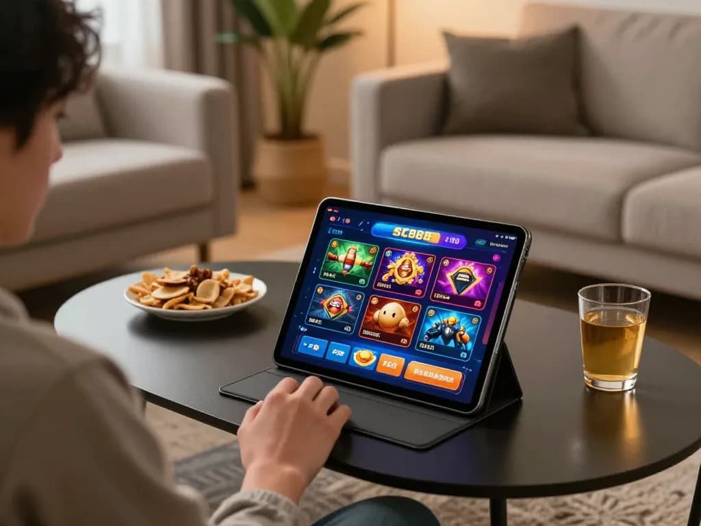 Engaging in SC88 mobile casino gameplay on a tablet in a cozy home setting.
