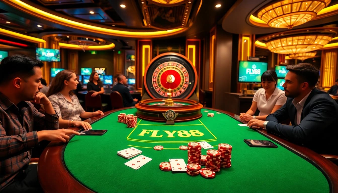 Experience the thrill of gambling at the exciting FLY88 poker table in a luxurious casino setting.