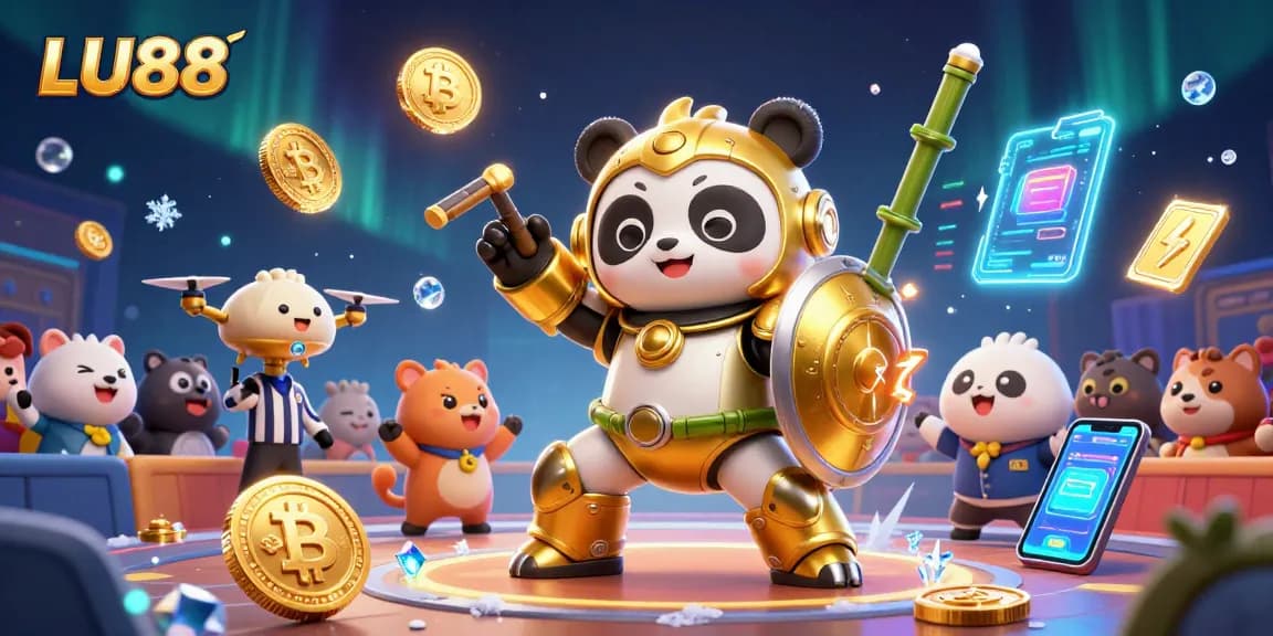 Experience thrilling gaming at LU88 with a dynamic scene of a golden panda robot and crypto elements.
