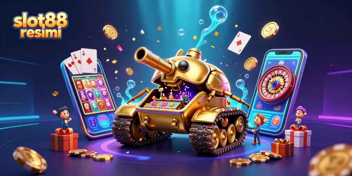 Win at slot88 resmi with a dynamic scene featuring casino games, confetti, and golden coins.
