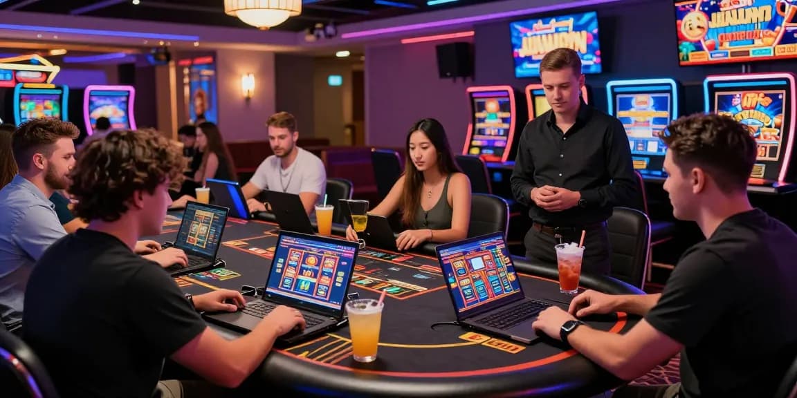 Exciting online casinos Australia scene showing diverse players enjoying live dealer games and engaging slots in a modern setting.