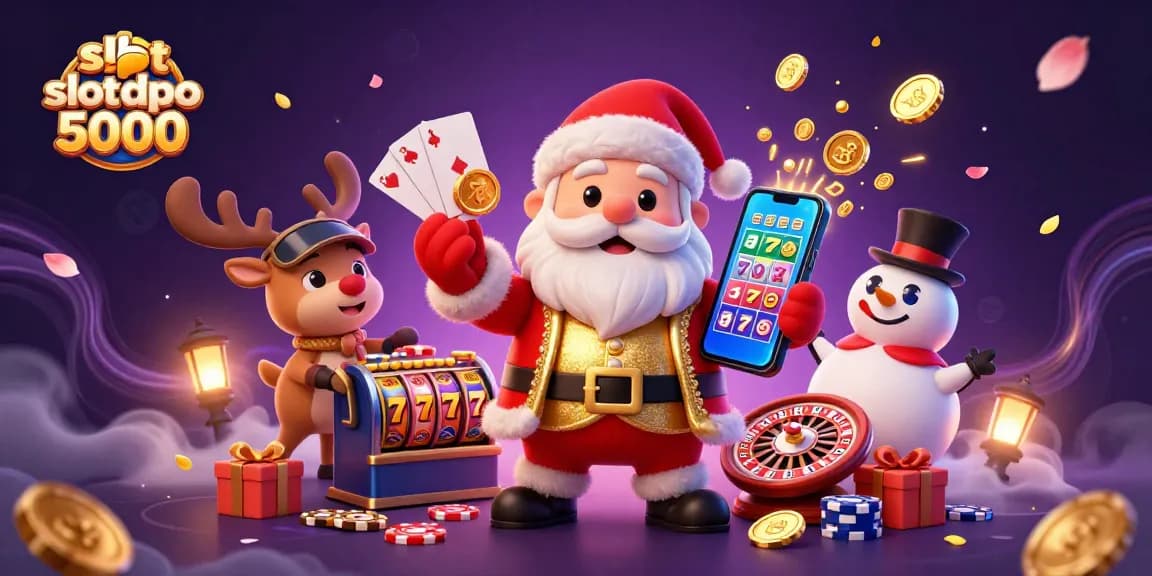 Spin to win big with slot depo 5000 featuring Santa and friends in an exciting casino scene!