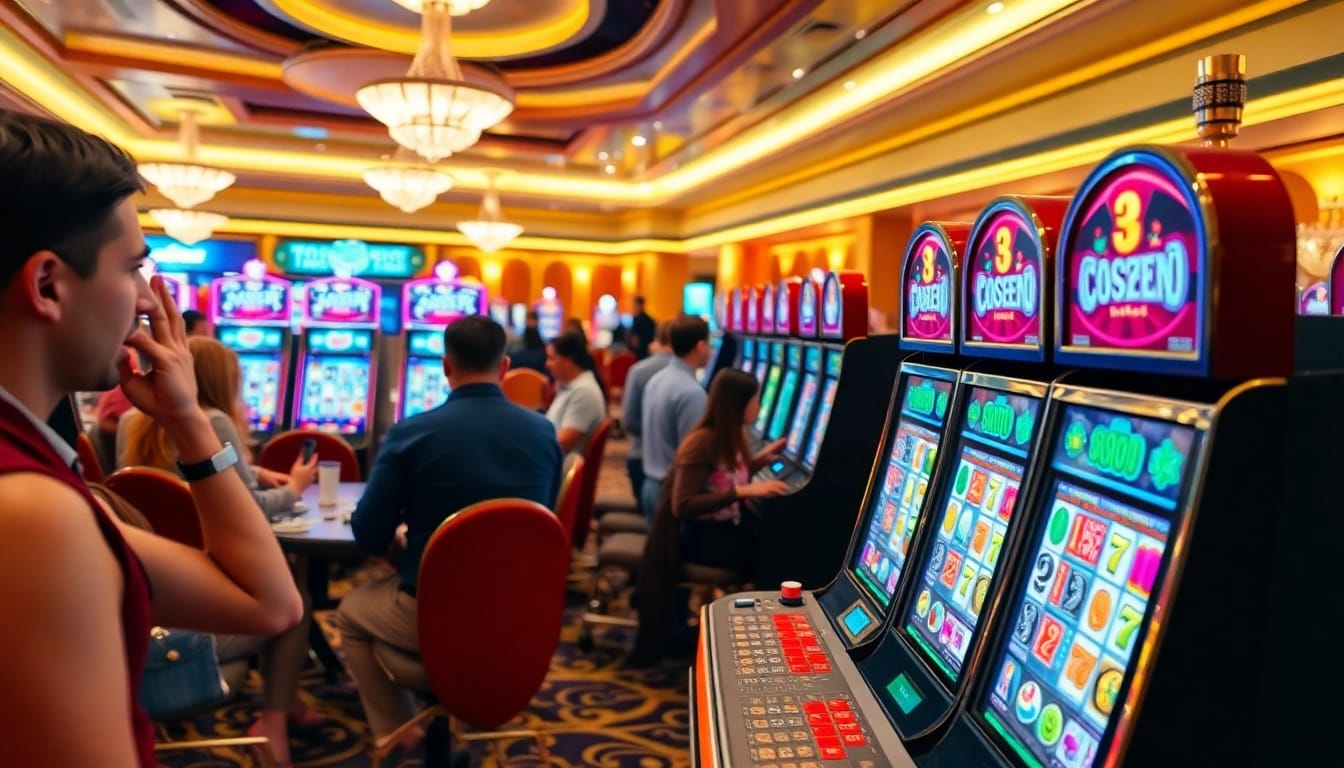 Menangkan togel389 di mesin slot kasino sambil dikelilingi pemain lain yang bersemangat.