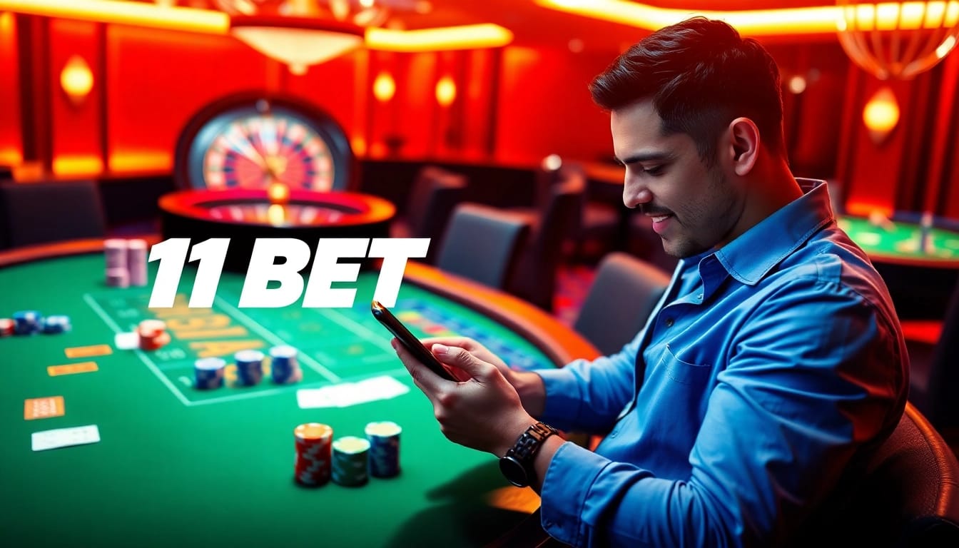 11BET gambler analyzing a betting slip on a luxury casino table with poker chips and cards.