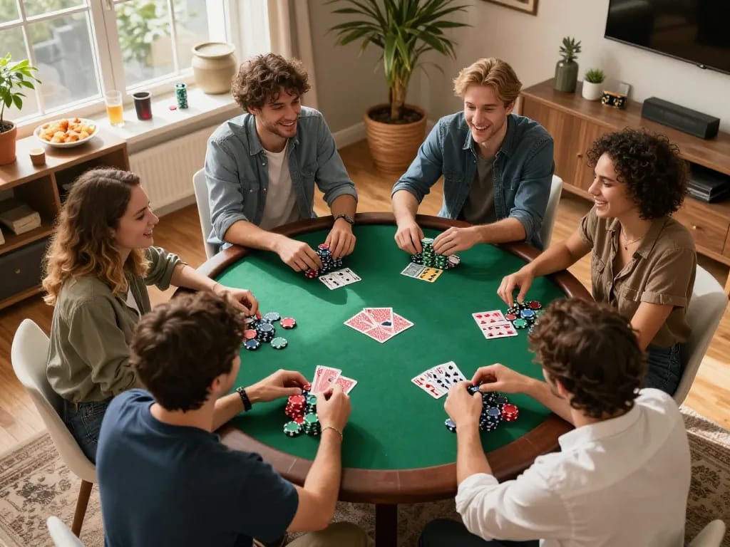 Friends playing poker at home during a fun night, showcasing engaging moments and lively conversation in a social setting around rik vip.