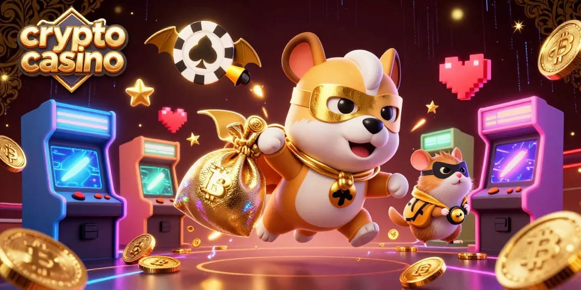 Experience the excitement of a crypto casino as a superhero dog flies through a vibrant gaming scene.