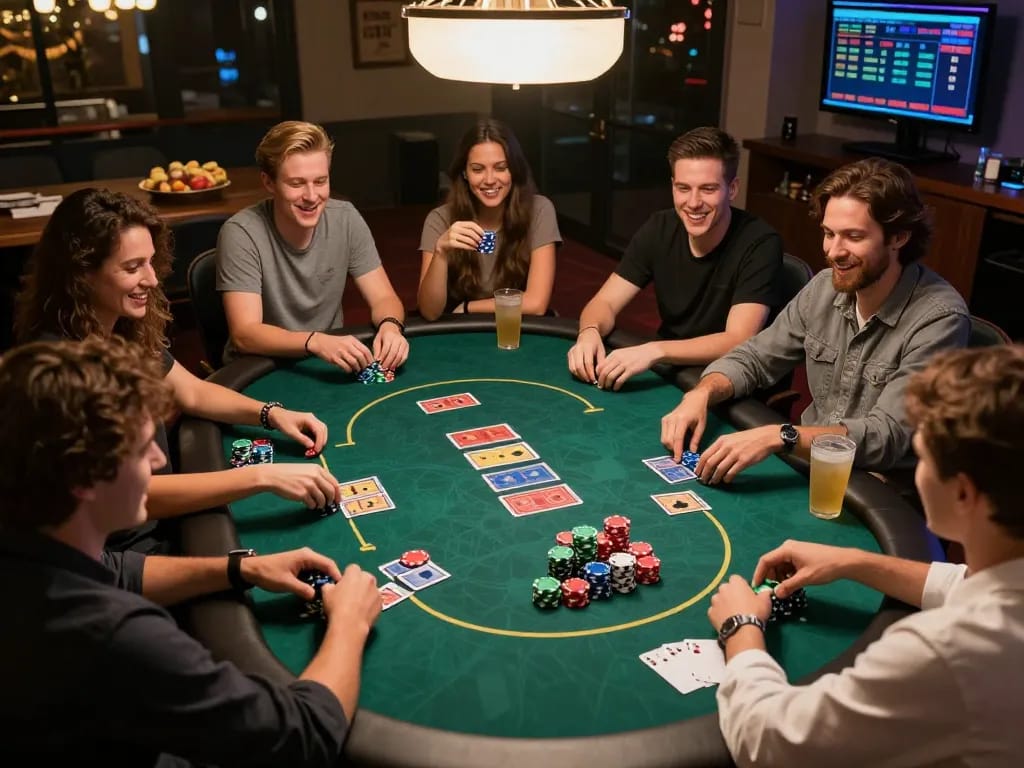 Friends enjoying poker at home while discussing strategies, highlighting the excitement of TG88 gaming.