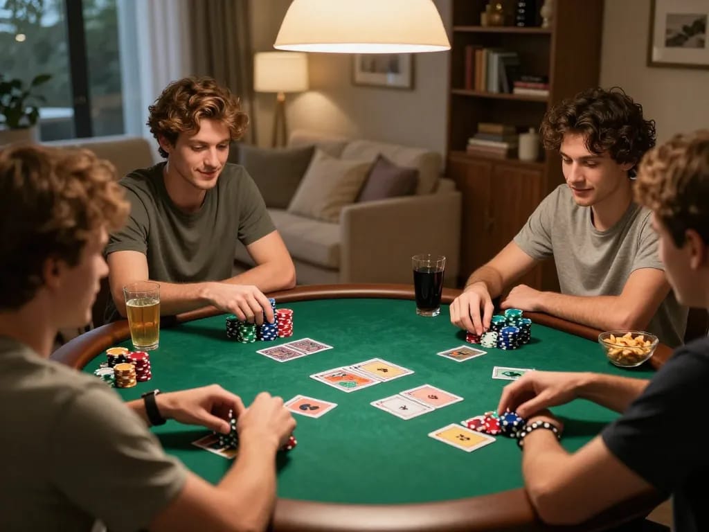Friends enjoying an engaging poker game night at home with snacks, showcasing uu88's social gambling experience.