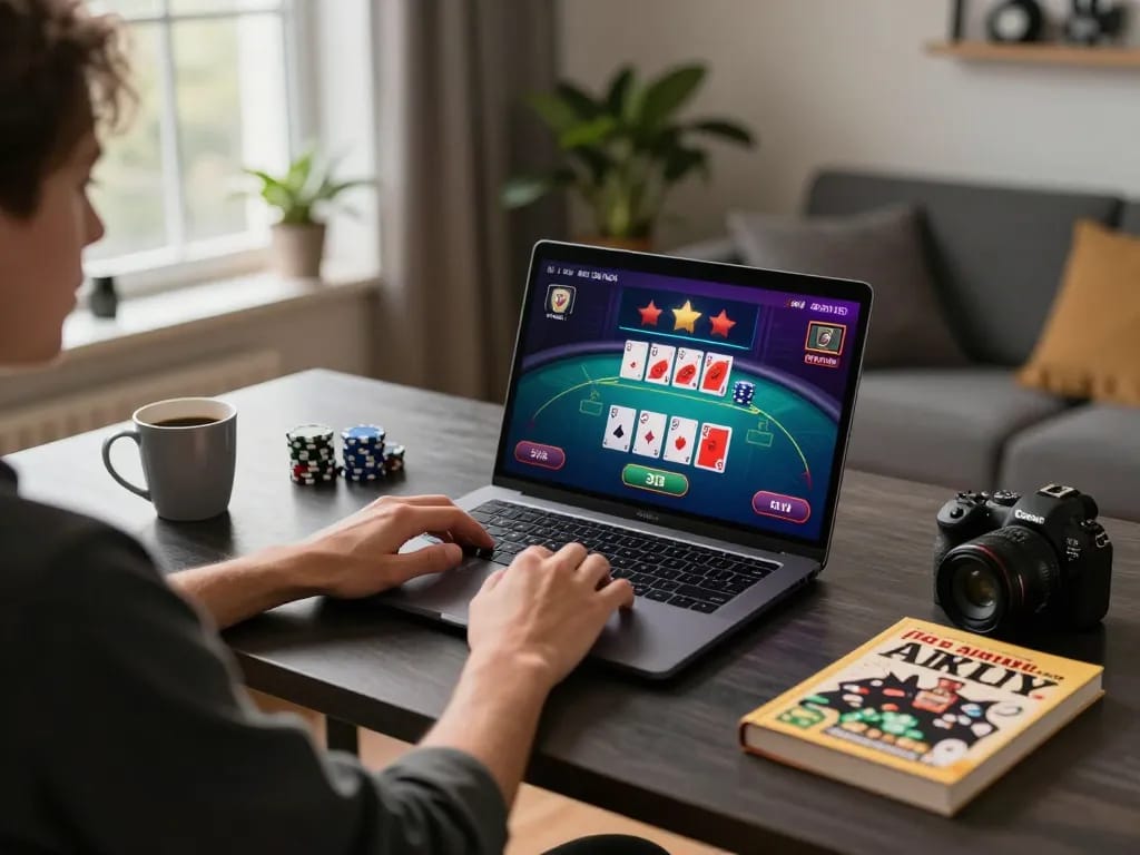 Player engaging in exciting online poker gaming on max88pro setup with laptop and strategy notes