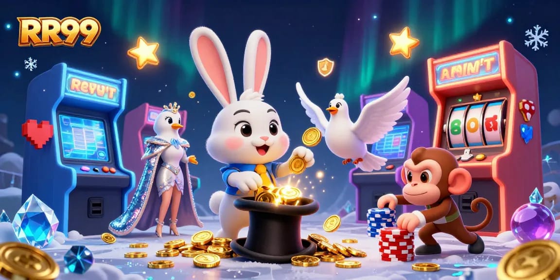 Experience the magic of RR99 as a rabbit pulls golden coins, surrounded by arcade games and poker chips.
