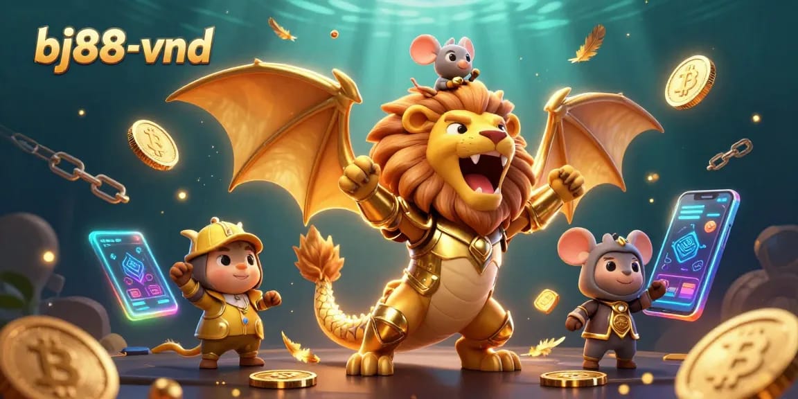 Experience exciting gameplay strategies at bj88-vnd with a 3D chimera celebrating among cryptocurrency elements.