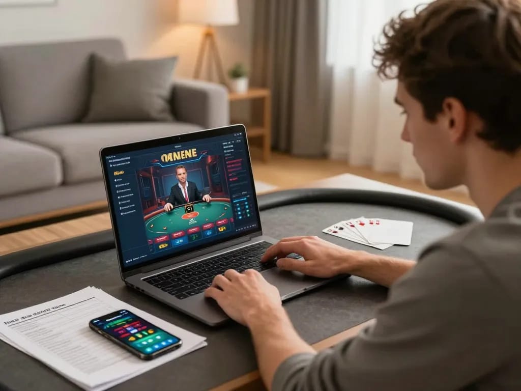 LV88 player strategizes in a cozy home setup while enjoying online poker gaming.