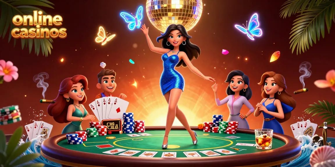 Engaging scene showcasing online casinos with glamorous characters and casino game elements.