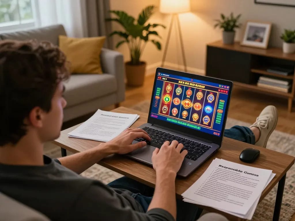 Player enjoying a 56win online casino game on a laptop at home, surrounded by betting notes.