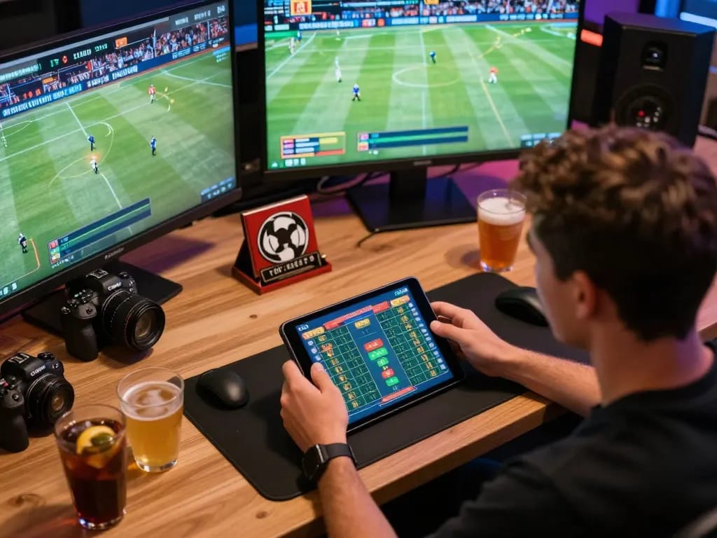 Engaging online sports gaming scene with vivid tablet display and live events showcasing ทางเข้า m120 betting strategies.