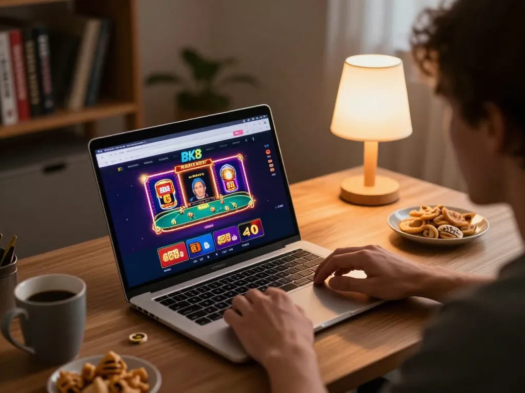 Player engaging in online gaming at BK8 on a laptop, showcasing immersive gambling experience with vibrant visuals.